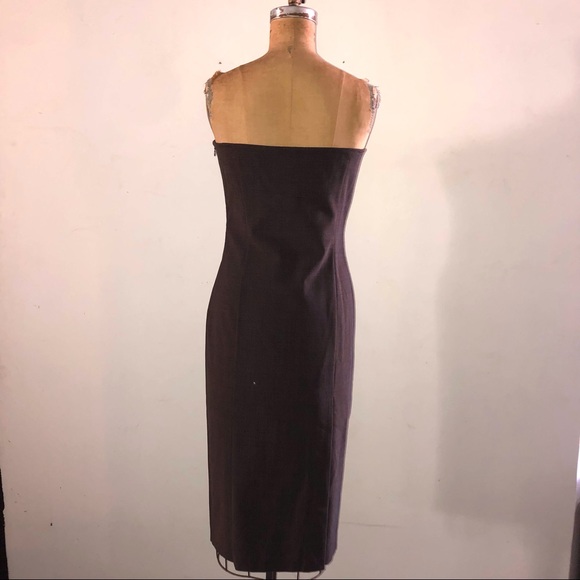 une] Brown Classic Plaid Wool Strapless Sexy Elegance Bodycon Strapless Dress - Picture 4 of 12